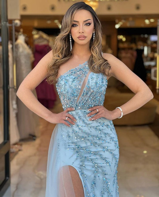 Fabulous One Shoulder Mermaid Prom Dress Sky Blue Long Split With Beads