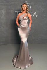 Gorgeous One Shoulder Sleeveless Mermaid Prom Dress Beadings