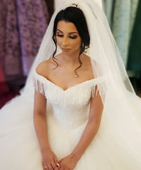 Off-the-shoulder Beaded Backless Wedding Gown with Elegant Floor-length Tassel Tulle