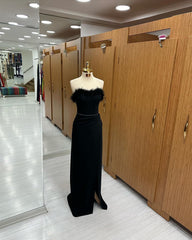 Mermaid Prom Dress Long Black Feather Sleeveless Strapless