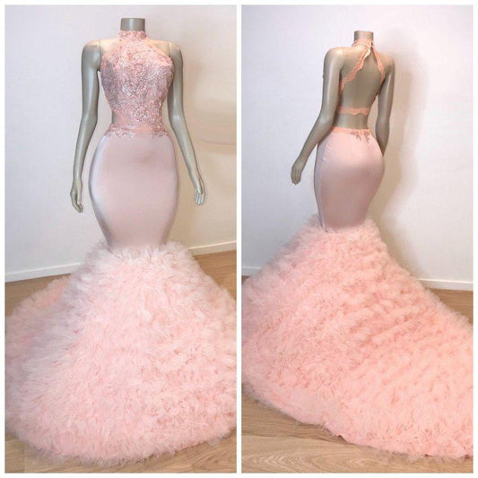 Pink High Neck Mermaid Prom Dress Lace Appliques Tulle Evening Gowns