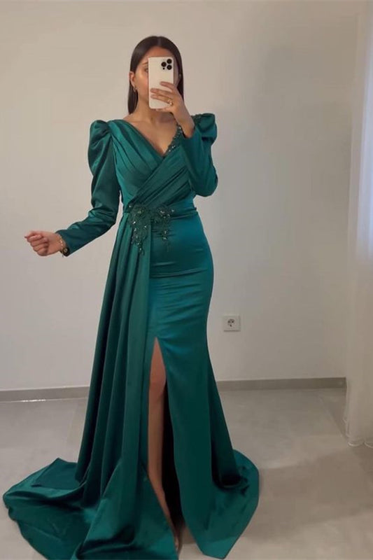 Classy V-Neck Long Sleeves Mermaid Prom Dress Ruffles With Appliques Split