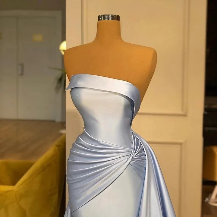 Elegant Strapless Baby Blue Mermaid Evening Dress Long with Ruffle