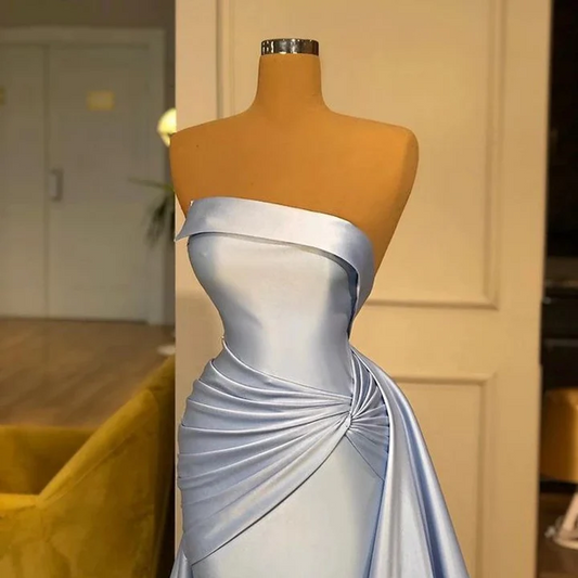 Elegant Strapless Baby Blue Mermaid Evening Dress Long with Ruffle