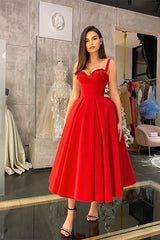 Classic Red Straps Prom Dress Tea-Length Sweetheart With Sequins