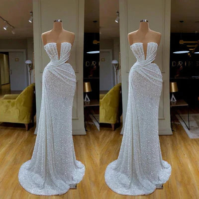  Gorgeous White Sequins Strapless Mermaid Prom Dress