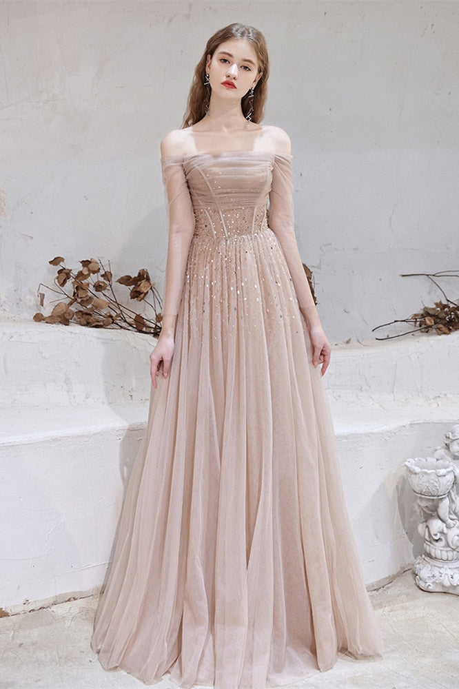 Gorgeous Off-the-Shoulder Tulle Sheer Long Sleeves Prom Dress With Sequins