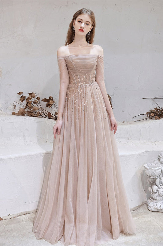 Gorgeous Off-the-Shoulder Tulle Sheer Long Sleeves Prom Dress With Sequins