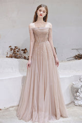 Gorgeous Off-the-Shoulder Tulle Sheer Long Sleeves Prom Dress With Sequins