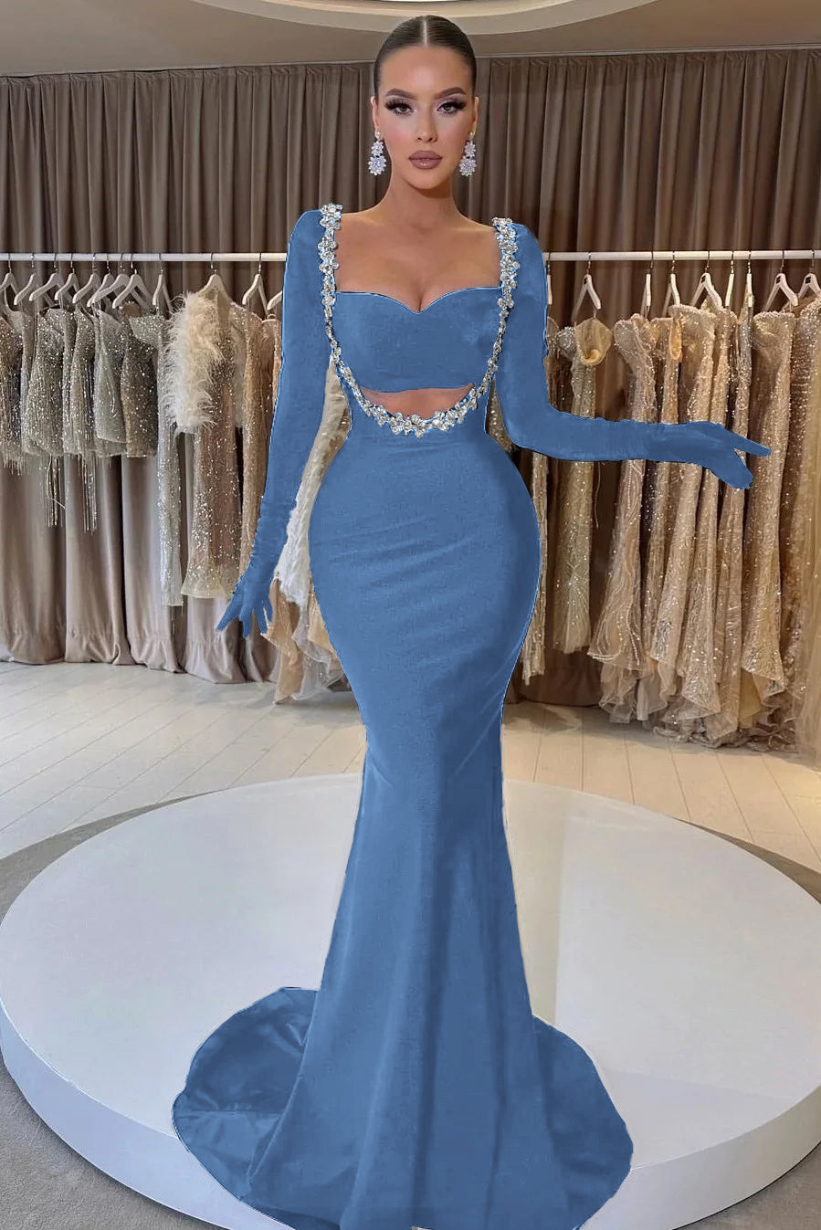 Black Beaded Prom Dress With Gloves Sweetheart Long Sleeve Mermaid