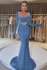 Black Beaded Prom Dress With Gloves Sweetheart Long Sleeve Mermaid