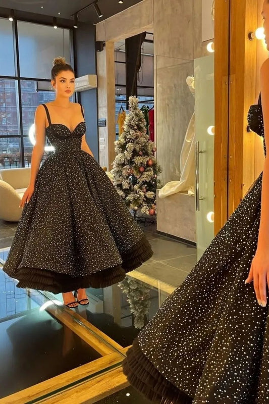 Black Spaghetti Strap Sweetheart A-Line Prom Dress Ankle Length with Sequins