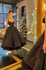 Black Spaghetti Strap Sweetheart A-Line Prom Dress Ankle Length with Sequins