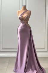 Purple Long Prom Dress Sleeveless Strapless Pleated with Beads