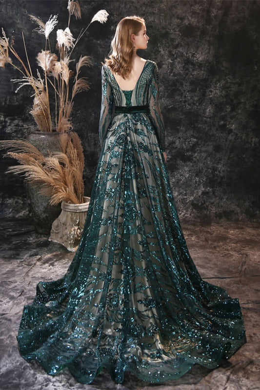 New Arrival Dark Green Sequins Long Sleeves Prom Dress With Detachable Skirt