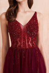 Gorgeous Burgundy V-Neck Sleeeveless Prom Dress Split With Beads Tulle Long
