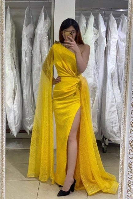 Gorgeous Yellow One Shoulder Ruffles Prom Dress Mermaid Long Split