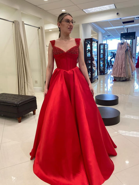 Beautiful Red Cap Sleeves Sweetheart Prom Dresses Long With Beads