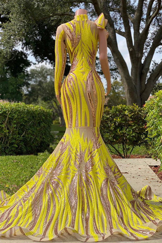 Modern Yellow High Neck Mermaid Prom Dress Sequins One Shoulder Sleeve