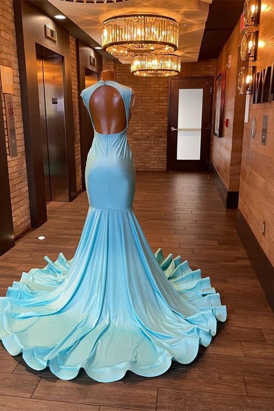 Classic Cap Sleeves Blue Prom Dress Mermaid With Crystals Online