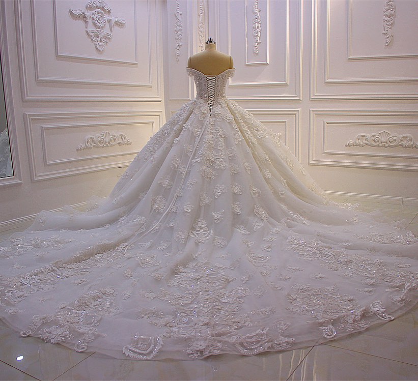 Sweetheart Off-the-Shoulder Backless Wedding Dress with Lace Ruffles and Tulle Appliques by Miabel