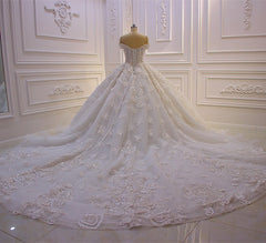 Sweetheart Off-the-Shoulder Backless Wedding Dress with Lace Ruffles and Tulle Appliques by Miabel