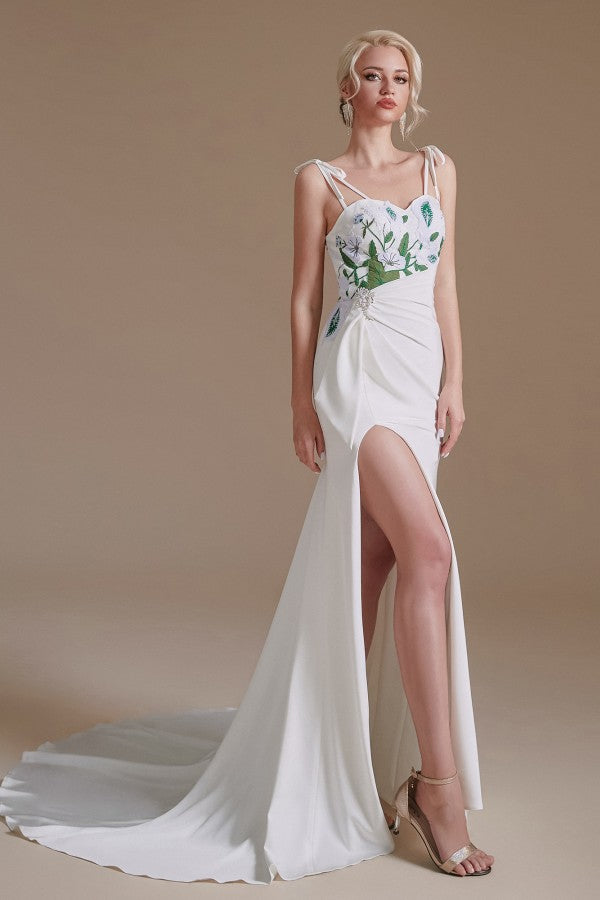 Elegant Satin Mermaid Wedding Gown with Spaghetti Straps, Open Back, and Slit
