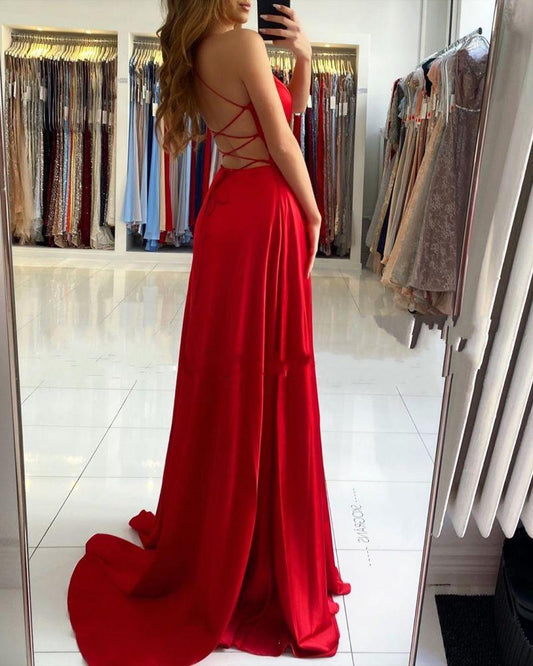 Gorgeous Red V-Neck Prom Dress Long With Split V-Neck