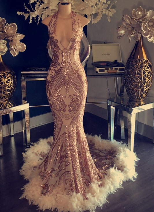 Gorgeous Rose Pink Sleeveless Sequins Prom Dress Mermaid With Feather
