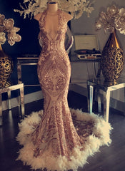 Gorgeous Rose Pink Sleeveless Sequins Prom Dress Mermaid With Feather