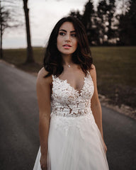 Elegant A-line V-neck Tulle Wedding Dress with Appliques