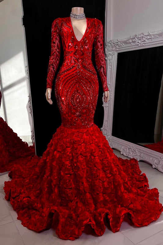 New Arrival Long Sleeves Sequins Prom Dress Mermaid V-Neck With Flowers