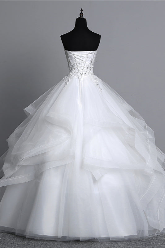 Strapless Long Wedding Dress with Modest Ball Gown Silhouette and Tulle Layers, Beaded Appliques