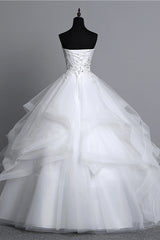 Strapless Long Wedding Dress with Modest Ball Gown Silhouette and Tulle Layers, Beaded Appliques