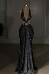 Glamorous Gold Halter Backless Sequin Evening Dress