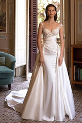 Elegant White Satin Spaghetti Strap Mermaid Wedding Gown with Detachable Train and Applique