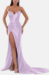 Royal Blue Prom Dress V Neck With High Slit Pleated Strapless Sleeveless