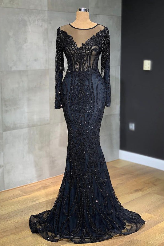 Classic Black Mermaid Prom Dress Long Sleeves Tulle With Sequins