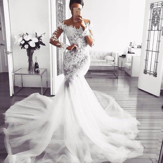 Modern Mermaid Wedding Dress with Long Sleeves and Lace Appliques ¨C Ballbellas Sale