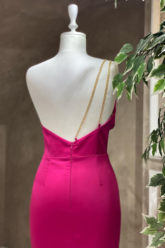 Fuchsia One Shoulder Mermaid Floor Length Evening Dress With Pleated