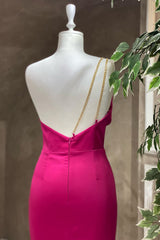 Fuchsia One Shoulder Mermaid Floor Length Evening Dress With Pleated