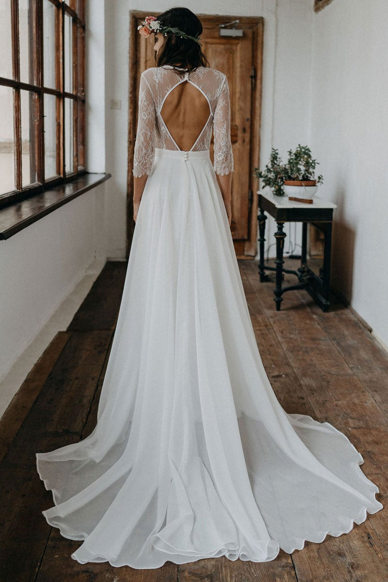 Boho Long Wedding Dress in Chiffon with Lace
