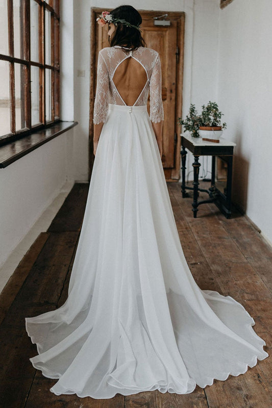 Boho Long Wedding Dress in Chiffon with Lace