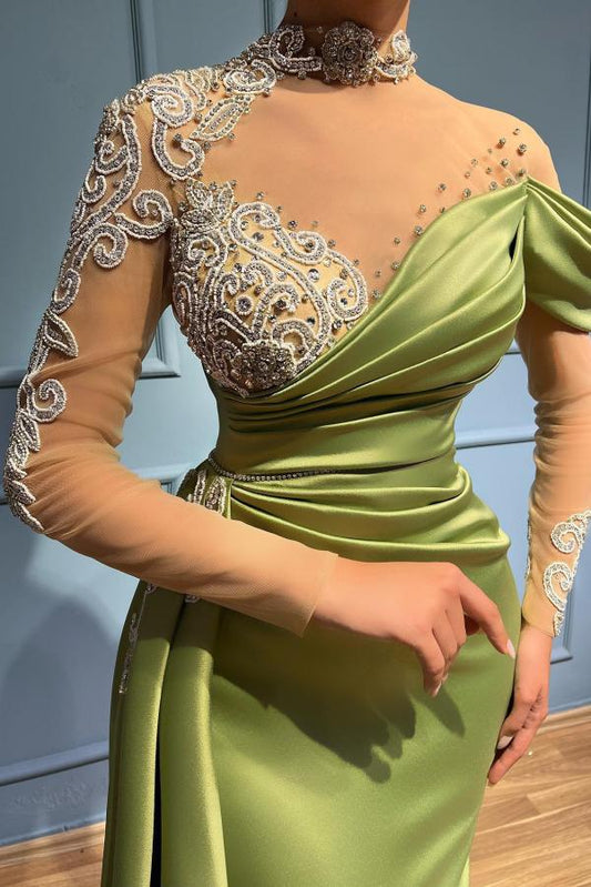 Classy High neck Long Sleeves Prom Dress Mermaid Ruffles With Applique Beads
