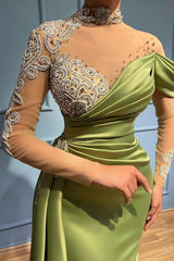 Classy High neck Long Sleeves Prom Dress Mermaid Ruffles With Applique Beads