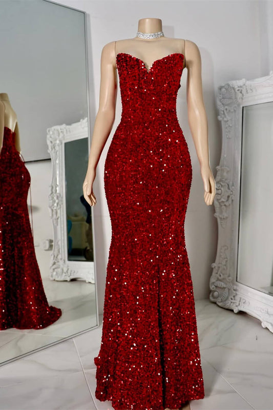Stunning Red Sweetheart Sequins Prom Dress Mermaid Lace-Up Back
