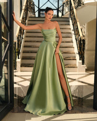 Chic Sage Green Strapless Prom Dress Long Pleats With Split