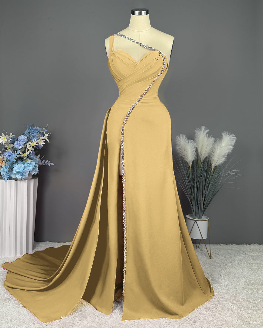 Fuchsia Evening Dress Long One Shoulder With Slit Pleated Beadings