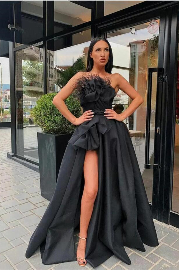 Sexy Black Long Prom Dress Split With Feather