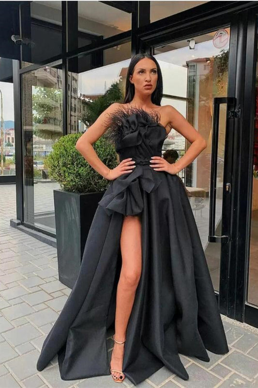 Sexy Black Long Prom Dress Split With Feather